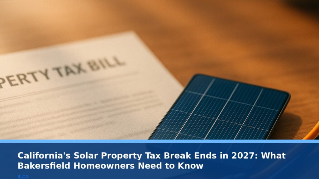A close-up, detailed shot of a property tax bill document lying on a sunlit wooden desk next to a small, modern solar panel cell and electrical connectors. The scene is warm, professional, and focused on the objects, with soft natural light. No text, logos, or readable UI on any element.