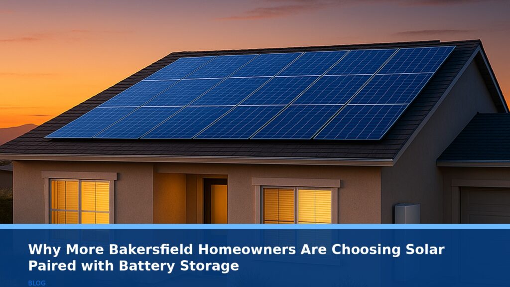 A modern Bakersfield home at dusk with solar panels on the roof and a sleek battery storage unit mounted on the side of the house. The sky is orange and purple, with the last sunlight glowing behind the Sierra Nevada foothills. No text, logos, or readable UI on any equipment.