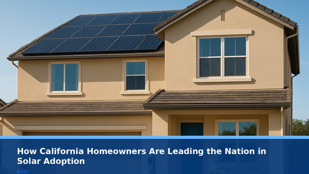 A modern California suburban home with solar panels on the roof under a bright sunny sky, no text or logos, clean and professional aesthetic