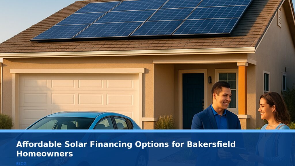 A modern Bakersfield home with solar panels on the roof, set against a clear blue sky, no text or logos visible