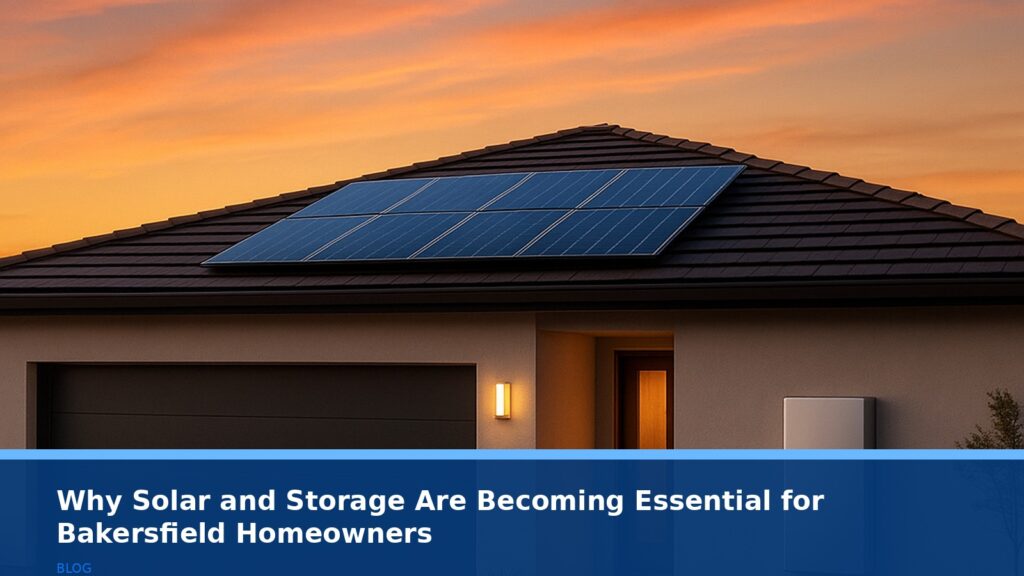 A modern California home at dusk with solar panels on the roof and a sleek battery storage unit mounted on the side of the house, set against a warm sunset sky. No text, logos, or readable UI.