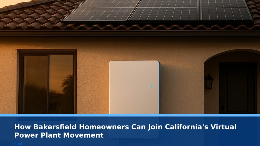 A modern California suburban home with solar panels and a sleek battery unit mounted on the side, golden hour sunlight, no text or logos