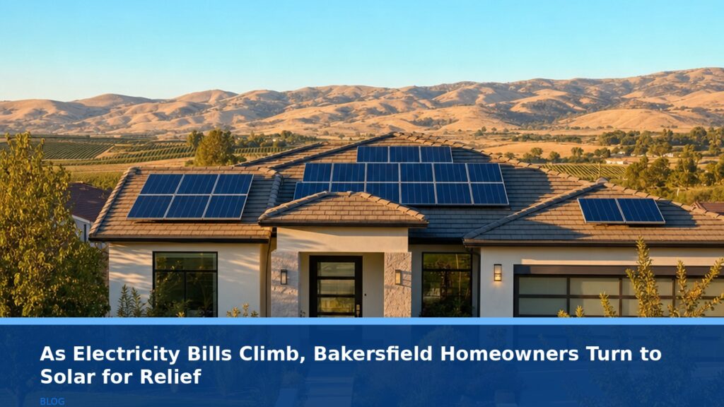 A modern Bakersfield home with solar panels on the roof under a bright, sunny sky, with rolling hills or agricultural fields in the background. The scene is clean and aspirational, showing no people, text, logos, or readable UI elements.