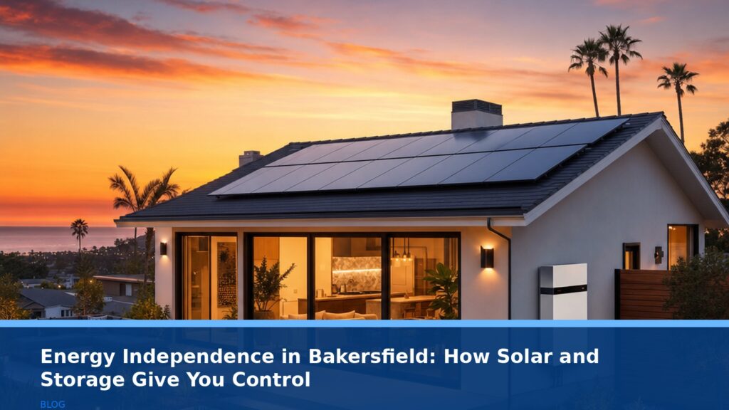 A modern California home at dusk, with solar panels on the roof and a sleek battery storage unit mounted on the side of the house. The sky is a warm orange and purple sunset, with lights beginning to glow inside the home, suggesting energy security and comfort. No text, logos, or readable UI.