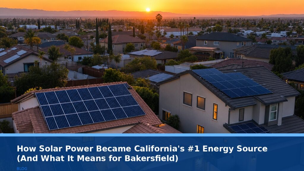A photorealistic, wide-angle view of a suburban Bakersfield neighborhood at sunset, with multiple homes featuring sleek, modern solar panels on their rooftops. The sky is a warm orange and pink. No text, logos, or readable UI elements.