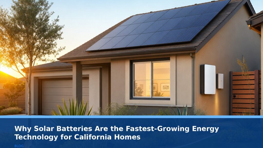 A modern home in Bakersfield with solar panels on the roof and a sleek battery storage unit mounted on the side of the house, under a clear blue sky with soft sunlight, no text or logos.