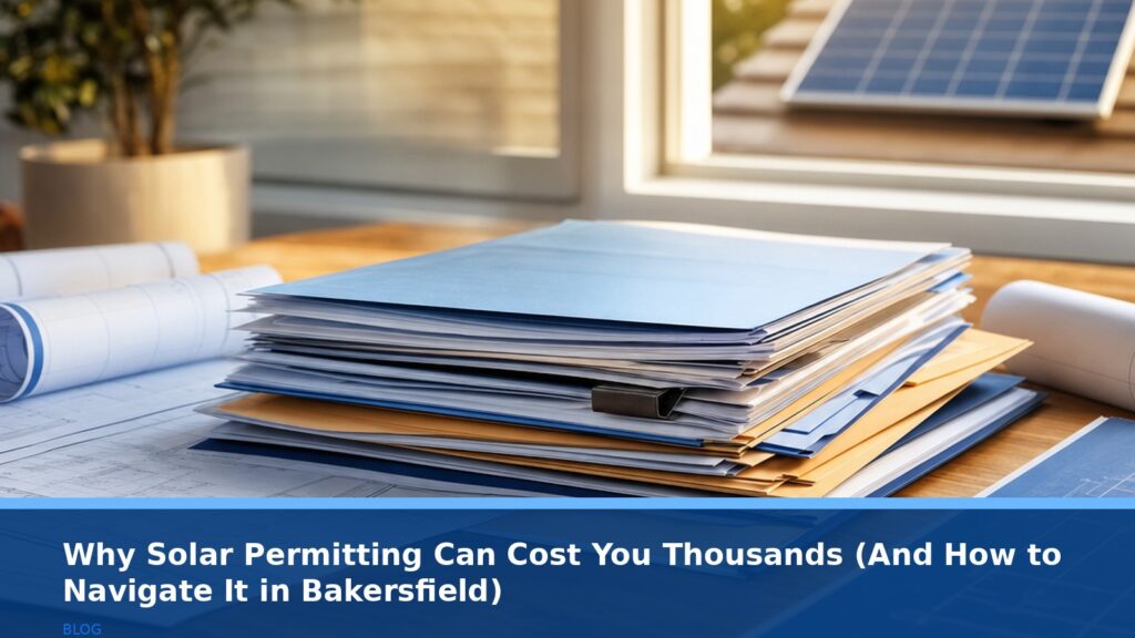 A close-up, slightly abstract view of a stack of official-looking paperwork, building permits, and architectural plans on a wooden desk. A single solar panel is visible in the soft, out-of-focus background. The scene is lit by warm, late afternoon sunlight streaming through a window. No text, no logos, no readable UI text.