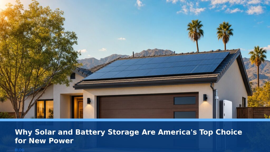 A modern suburban home in Bakersfield with solar panels on the roof and a sleek battery storage unit mounted on the side of the house, under a bright sunny sky with a few clouds, no text or logos visible.