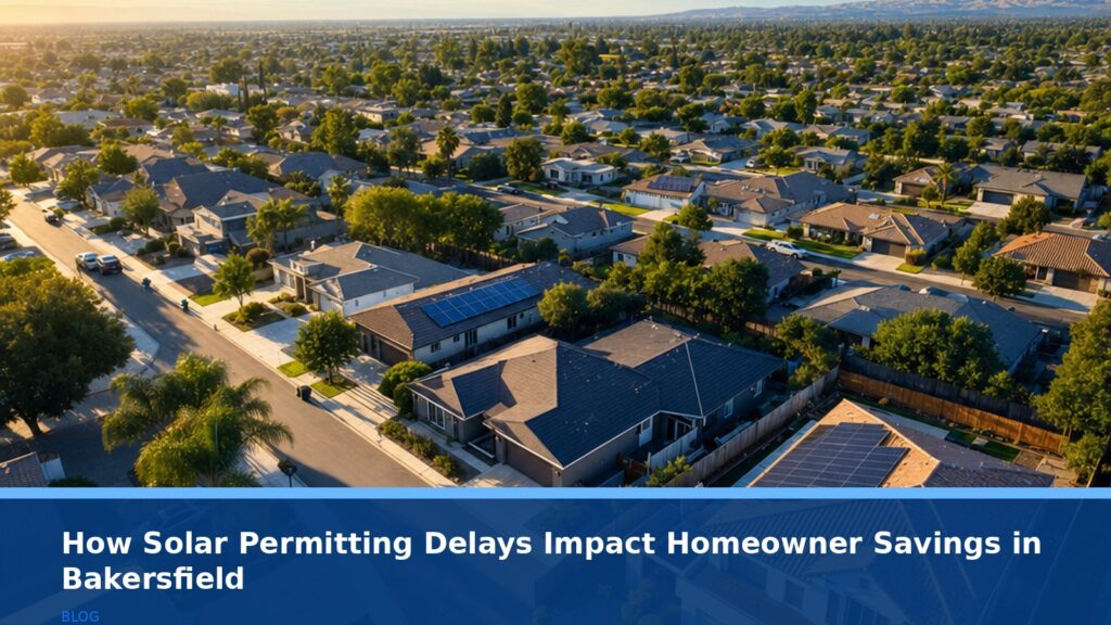 Aerial view of a suburban Bakersfield neighborhood with rooftops under sunny skies, some homes with solar panels installed, others without; no text, logos, or readable UI elements
