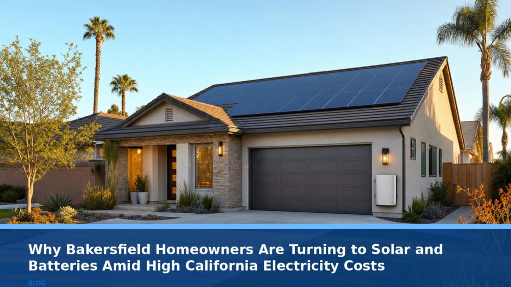 A serene, sun-drenched residential street in Bakersfield, California, with a modern home featuring sleek solar panels on its roof. A battery storage unit is discreetly mounted on the side of the house. The scene is warm and inviting, with clear blue skies and palm trees, focusing on the home's clean energy features.