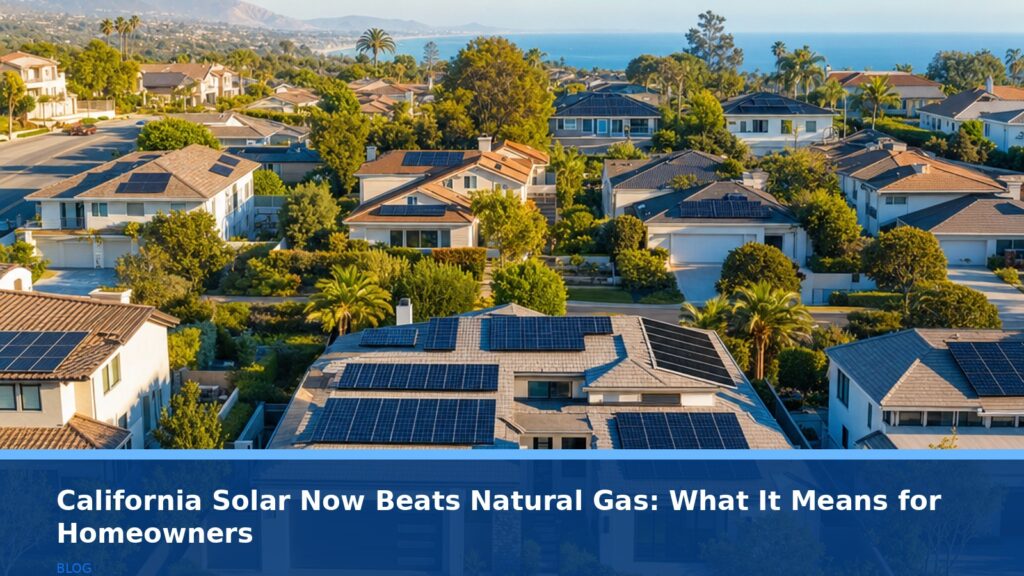 Aerial view of a suburban California neighborhood with solar panels on rooftops under a bright sunny sky, no text or logos