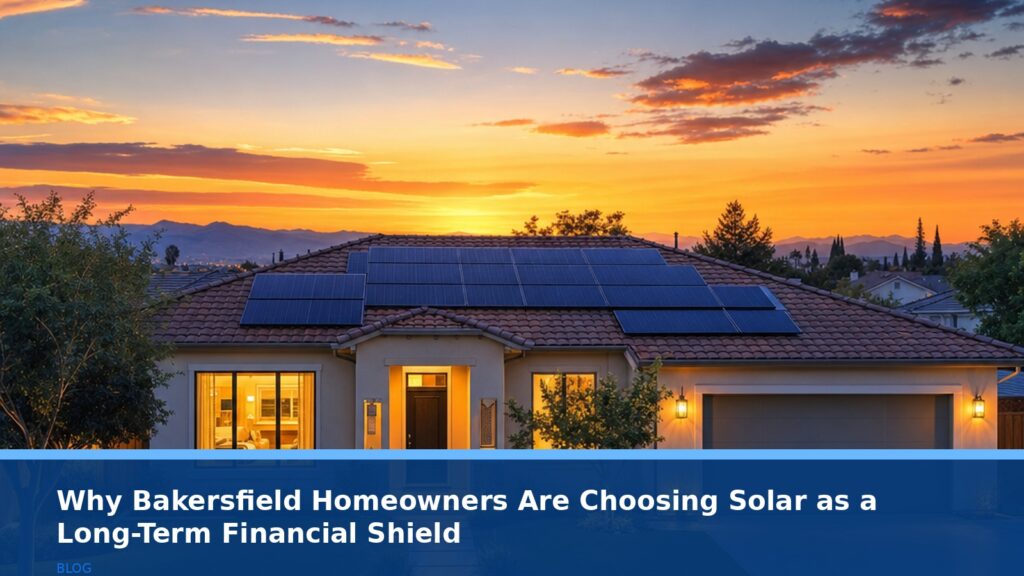 A serene, wide-angle view of a modern Bakersfield family home at dusk, with solar panels elegantly installed on a tiled roof. The sky is a warm orange and purple, with the last light of sunset. The home's interior lights are glowing warmly. No text, no logos, no readable UI text.