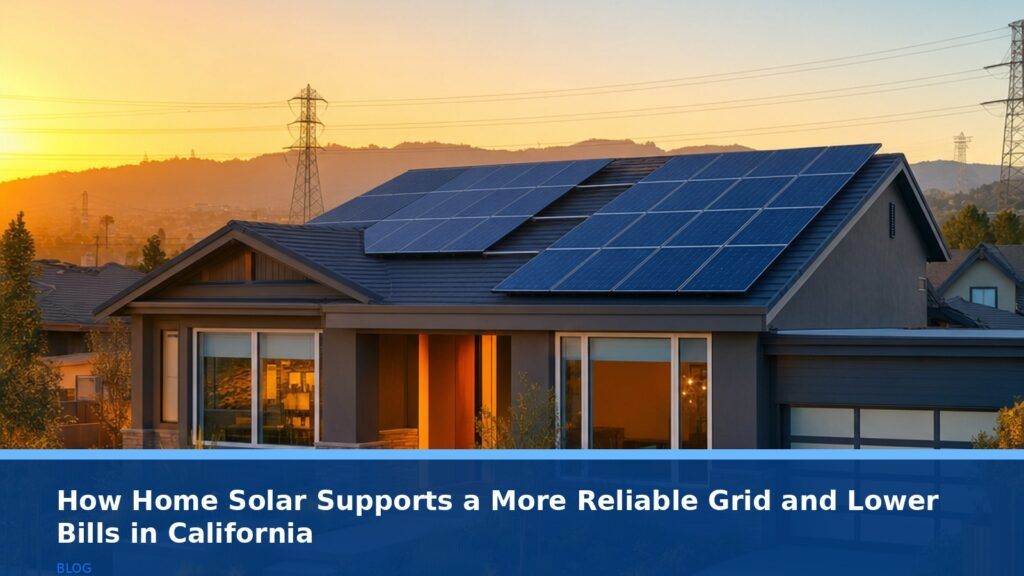 A modern California suburban home with solar panels on the roof at sunset, with power lines and electrical grid infrastructure subtly visible in the background, warm golden hour lighting, no text or logos.