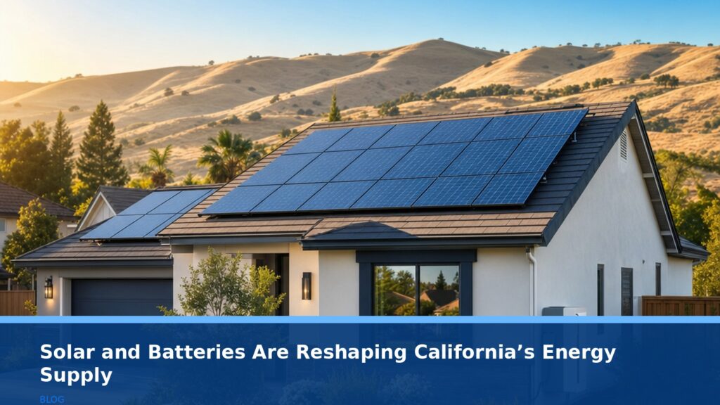 A residential home in Bakersfield, California, with modern solar panels on the roof and a sleek battery storage unit mounted on the side of the house, under a bright sunny sky with rolling hills in the background. No text, no logos, no readable UI.