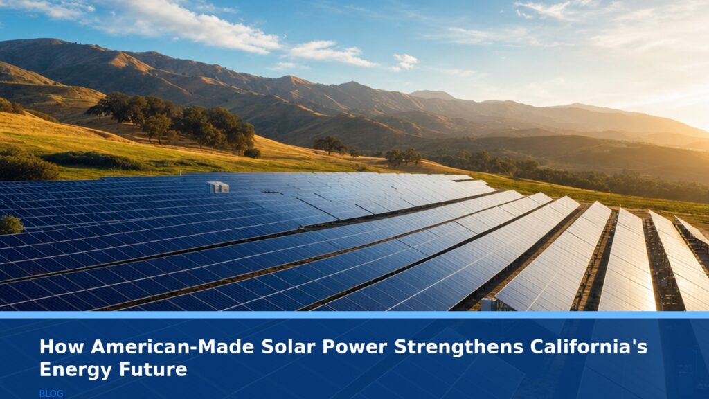 A wide-angle, photorealistic shot of a modern, large-scale solar farm under a bright blue sky in a California valley, with rolling hills in the background. The solar panels are clean and glinting in the sun. No people, text, logos, or readable UI elements.