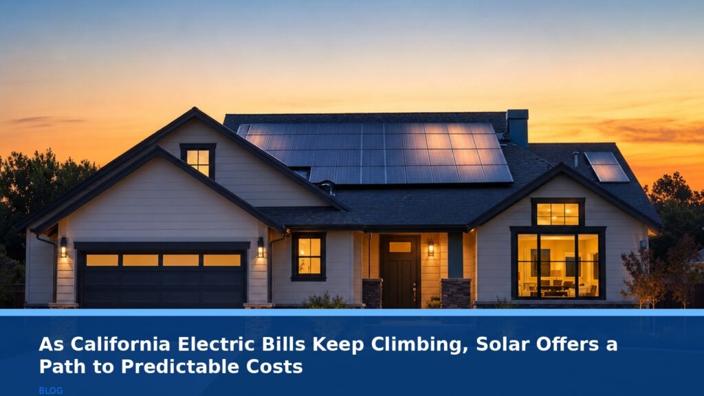 A photorealistic image of a modern California suburban home at dusk, with solar panels on the roof glowing softly from the last light of the day. The house is well-maintained, with a neatly trimmed lawn and a clear, calm sky. The focus is on the home's energy independence and stability. No text, logos, or readable UI elements.