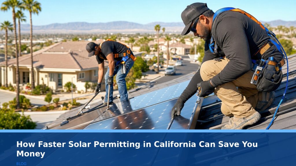 A bright, modern residential rooftop with solar panels being installed by professionals under a clear blue sky in a Bakersfield-style neighborhood; no text, logos, or readable UI.