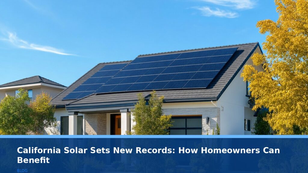 A bright, sunny day over a suburban California neighborhood with solar panels on rooftops, no text or logos, warm and inviting lighting, professional photography style