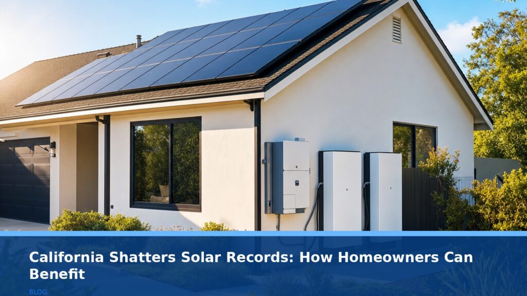 A wide-angle view of a California residential rooftop solar installation with battery storage units mounted alongside, under a bright sunny sky. No text, logos, or readable UI elements.
