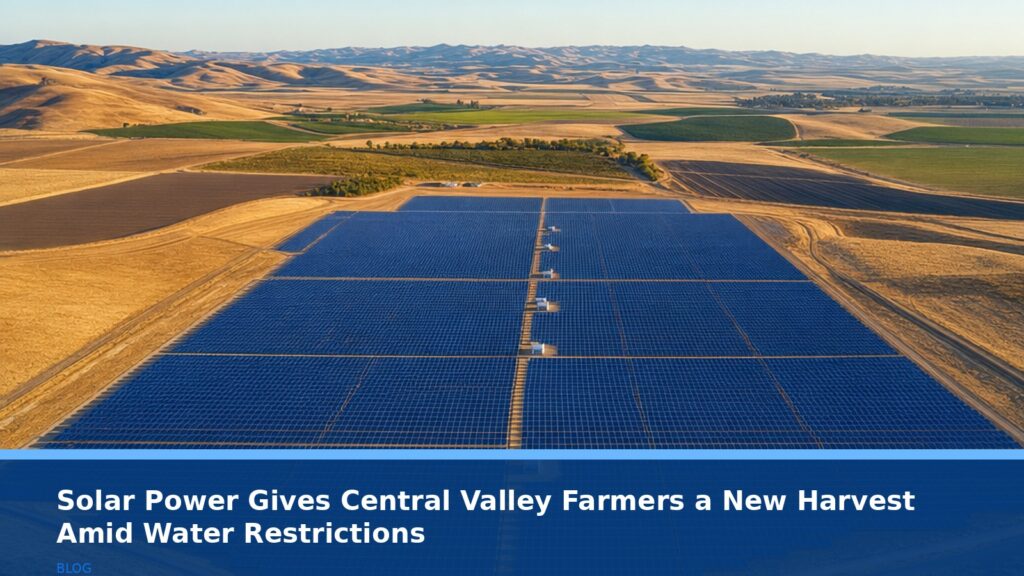 Aerial view of solar panels installed on retired farmland in California's Central Valley, with rolling hills and agricultural fields in the background, under a clear blue sky. No text, no logos, no readable UI text.