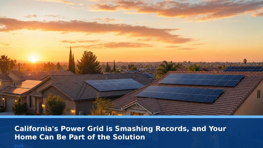 A serene, wide-angle view of a suburban Bakersfield neighborhood at sunset. Several homes have modern solar panels on their roofs. The sky is a warm orange and pink, with a few clouds. The scene conveys clean energy, community, and quiet reliability. No text, logos, or readable UI elements.