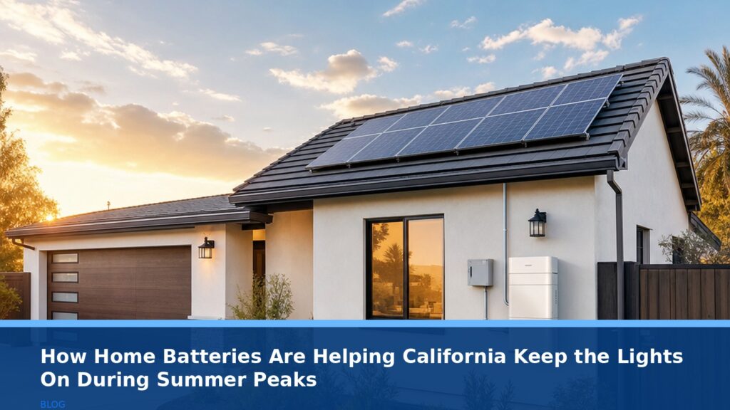 A modern home in Bakersfield with solar panels on the roof and a sleek battery storage unit mounted on the side of the house, under a bright summer sky with soft sunset light, no text or logos.