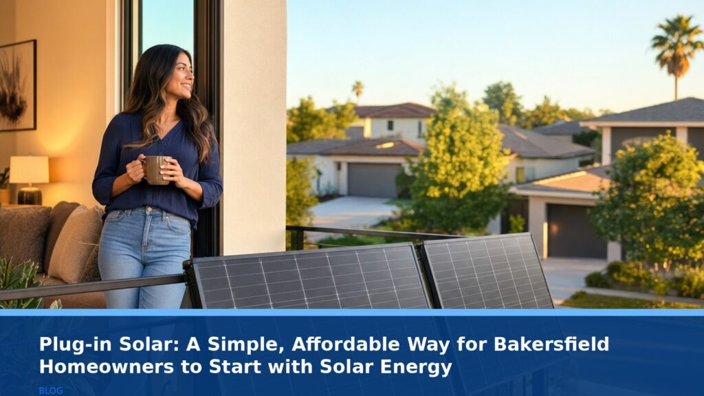 A modern, sunlit balcony with two sleek, dark solar panels mounted on a railing, angled toward the sky. The panels are connected by a thin cable to an outlet inside a well-maintained home. No text, logos, or readable UI elements. Warm, inviting afternoon lighting with a residential Bakersfield neighborhood in the soft background.