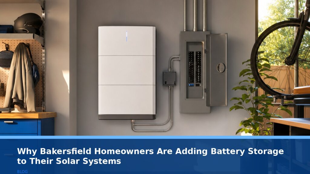 A modern, sleek home battery unit installed next to an electrical panel in a clean Bakersfield garage, with soft sunlight streaming through a window. No text, logos, or readable UI.
