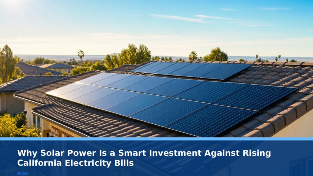 A sun-drenched residential rooftop in Bakersfield with sleek solar panels installed, generating clean energy under a bright blue sky. No text, logos, or readable UI elements.