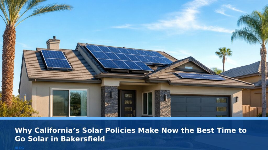 A modern Bakersfield home with solar panels on the roof under a clear blue sky, no text, no logos, no readable UI elements