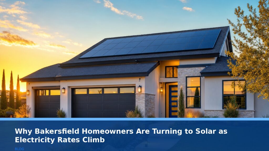 A modern Bakersfield home with solar panels on the roof at sunset, with a clear sky and warm golden hour lighting, no text or logos.