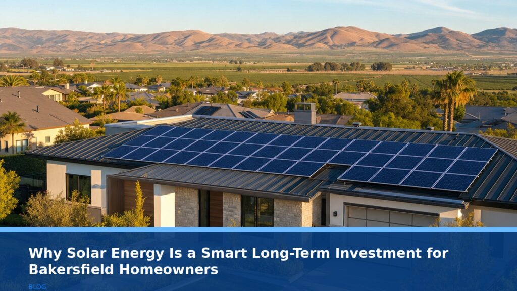 A modern California home with solar panels on the roof under a bright sunny sky, set against a backdrop of rolling hills or agricultural land suggestive of Bakersfield. No text, logos, or readable UI elements.