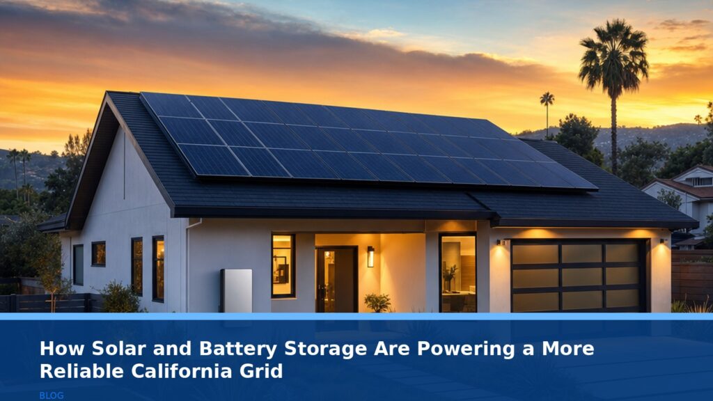 A modern California suburban home at dusk with solar panels on the roof and a sleek battery storage unit mounted on the side of the house, soft glowing lights from the home, warm sunset sky in the background, no text or logos