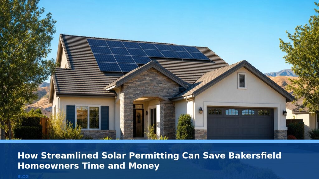 A modern suburban home in Bakersfield with solar panels on the roof, under a clear blue sky, no text or logos, no readable UI elements, professional and inviting aesthetic.