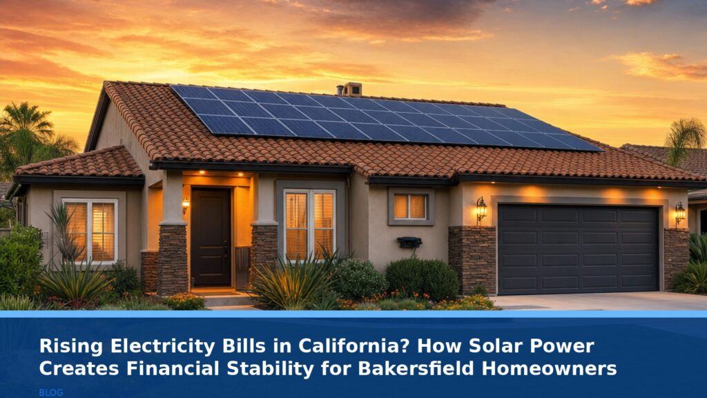 A serene, wide-angle view of a modern Bakersfield home at sunset, with solar panels elegantly installed on a terracotta-tiled roof. The sky is a warm orange and purple. The house is well-maintained, with a green lawn and native California plants. No text, logos, or readable UI.