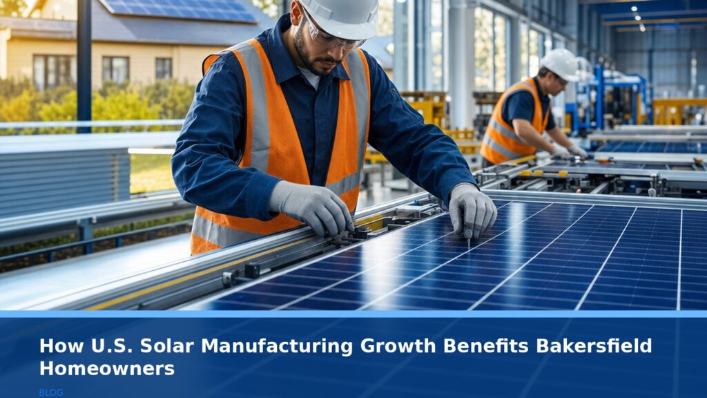 A modern American solar panel manufacturing facility with clean production lines, workers in safety gear assembling panels, bright lighting, industrial setting, no text or logos.