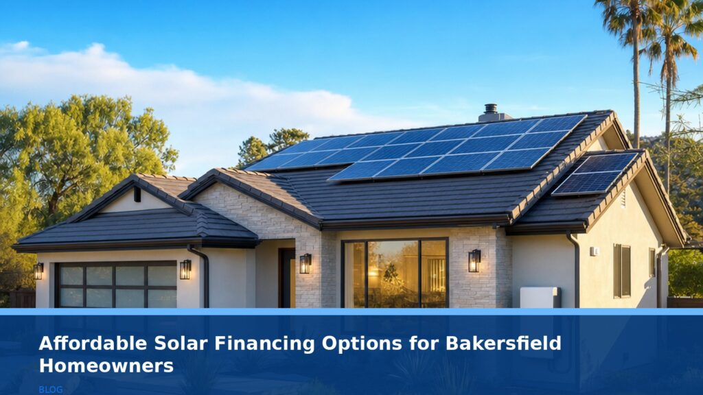 A modern California home with solar panels on the roof and a battery storage unit installed neatly beside it, under a clear blue sky, no text or logos.