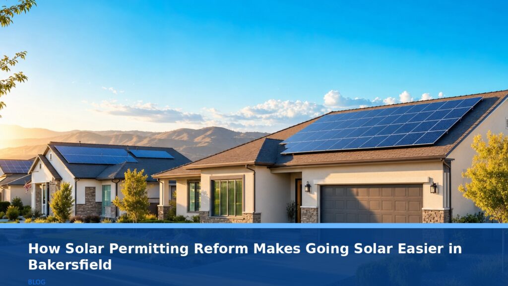 A sunny residential street in Bakersfield with modern homes featuring rooftop solar panels, no text or logos, clean and professional aesthetic