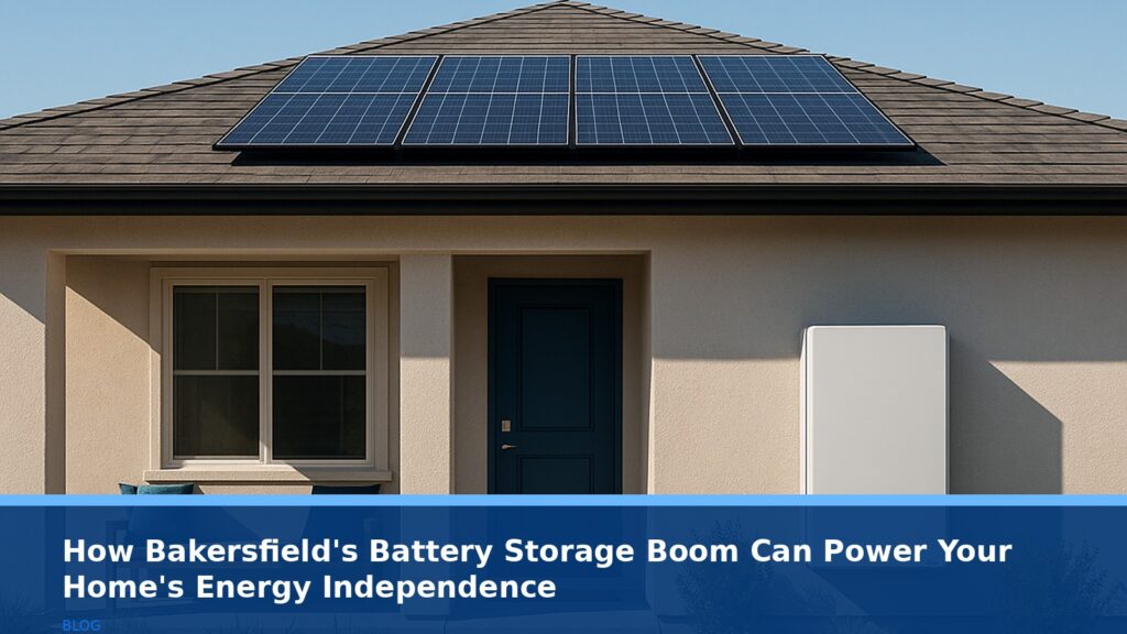 A modern home in Bakersfield, California, with solar panels on the roof and a sleek, compact home battery unit installed on the side of the house, under a clear blue sky with rolling hills in the background. No text, logos, or readable UI.