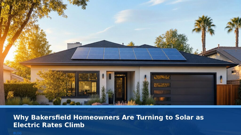 A serene, sun-drenched residential street in Bakersfield, California, with a modern home featuring sleek solar panels on its roof. The scene is warm and inviting, shot in the late afternoon with long shadows, emphasizing energy independence and home value. No text, logos, or readable UI.