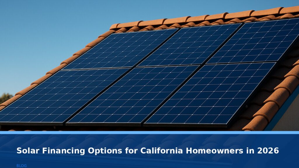 A modern California home rooftop with solar panels under a clear blue sky, no text, no logos, no readable UI elements, professional and clean aesthetic