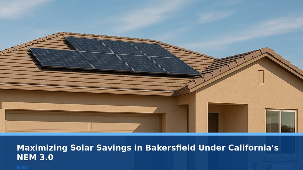 A modern Bakersfield home with solar panels on the roof and a sleek battery storage unit mounted on the side wall, under a clear blue sky with partial clouds, no text or logos