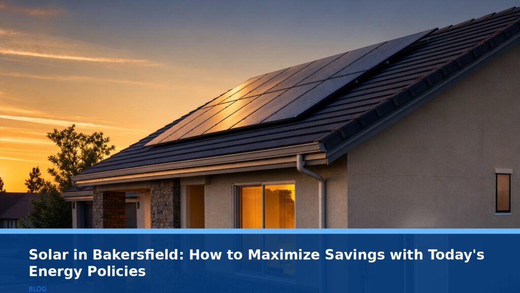A residential solar panel array on a Bakersfield home at dusk, with a modern, sleek home battery unit mounted on the side of the house. The warm glow of the setting sun highlights the panels, and a single interior house light is on, suggesting energy independence. No text, logos, or readable UI on any equipment.