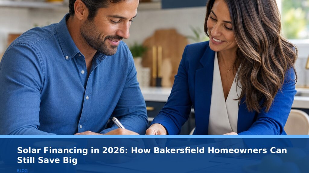 A close-up, professional photo of a homeowner reviewing a solar financing document with a trusted advisor at a kitchen table. The focus is on their hands and the paperwork, with a warm, trustworthy atmosphere. No text, logos, or readable UI on the document.
