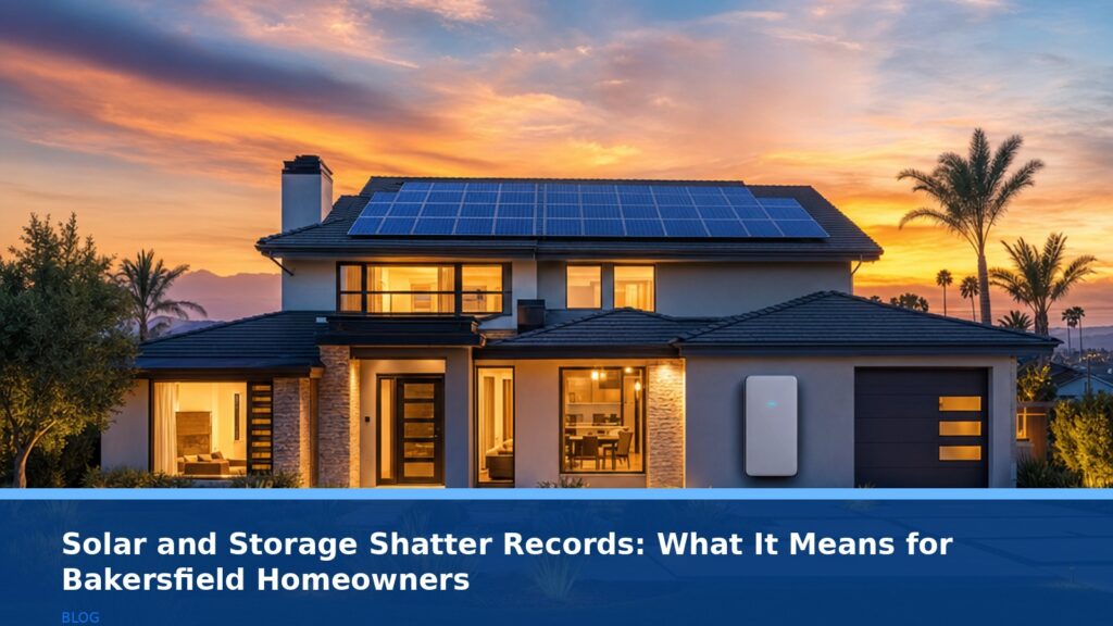 A modern California home at dusk with solar panels on the roof and a sleek battery storage unit mounted on the side of the house. The sky is a warm orange and purple sunset. The scene is peaceful and technologically advanced, showcasing energy independence. No text, no logos, no readable UI.