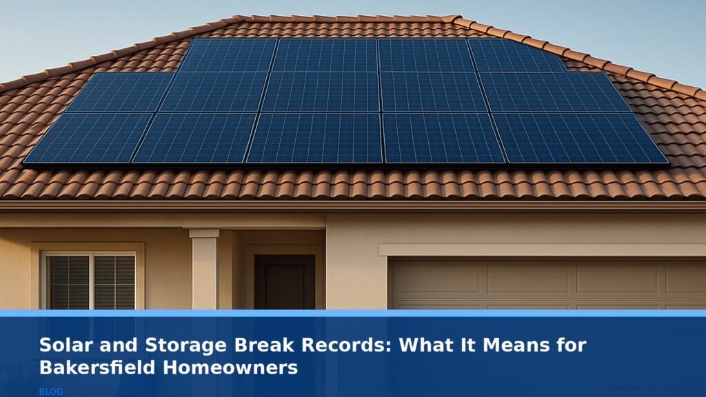 A modern California home with solar panels on the roof and a battery storage unit installed outdoors, set against a clear blue sky with soft sunlight. No text, logos, or readable UI elements.