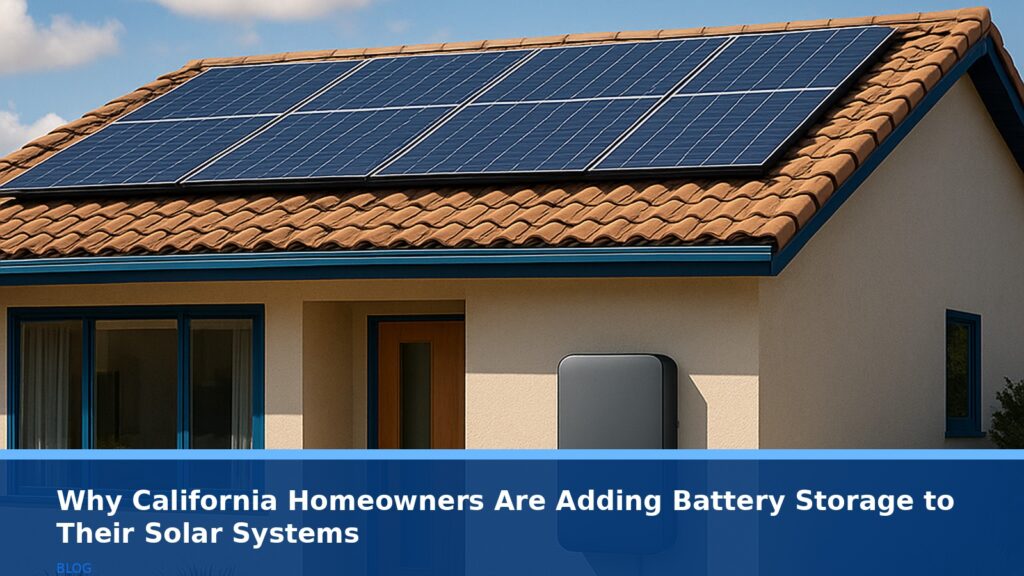 A modern California home with solar panels on the roof and a sleek battery storage unit mounted on the side wall, under a bright sunny sky with partial clouds, no text or logos