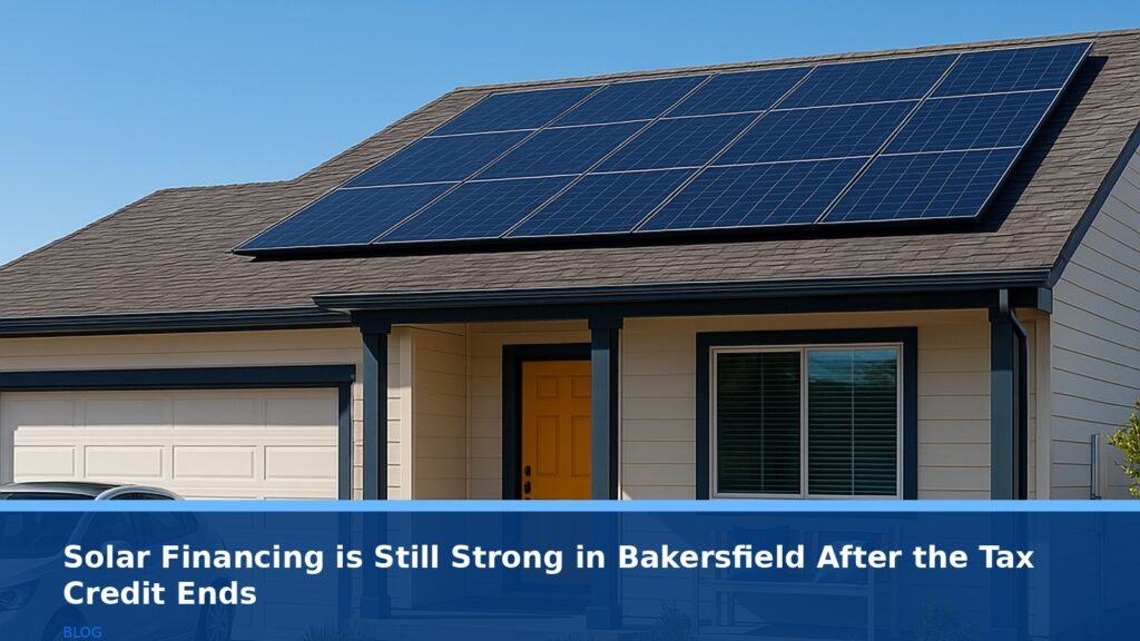 A modern, well-maintained suburban home in Bakersfield, California, with solar panels on the roof under a clear blue sky. The scene should feel inviting and prosperous, with a neatly landscaped yard. No text, logos, or readable UI elements.