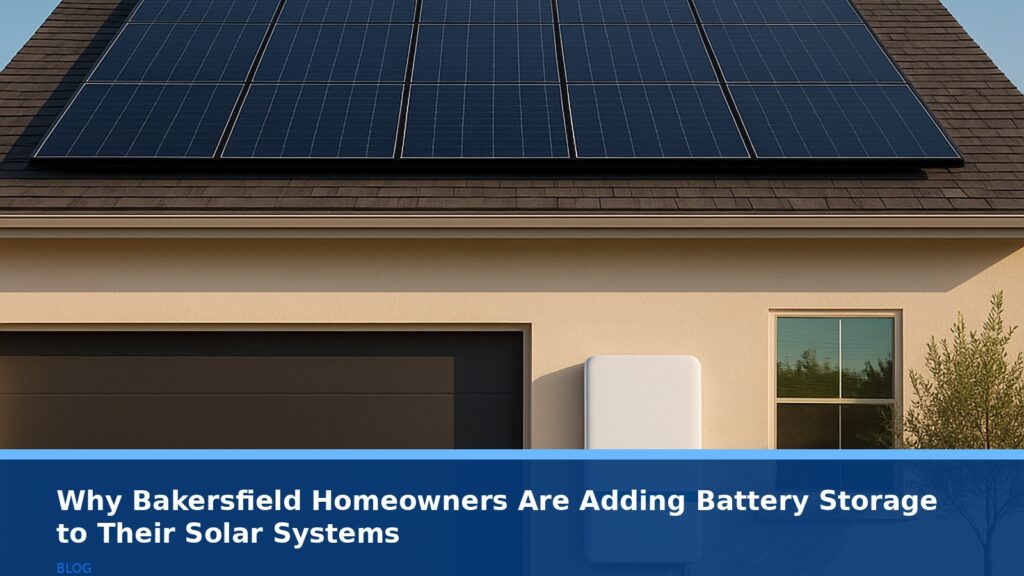 A modern California home with solar panels on the roof and a sleek battery storage unit mounted on the side wall, under a clear blue sky with partial sun. No text, logos, or readable UI.