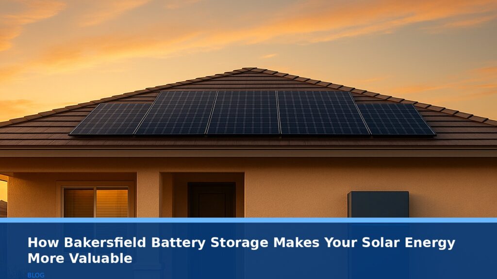 A modern residential home in Bakersfield, California, with solar panels on the roof and a sleek home battery unit mounted on the side of the house, during a vibrant sunset with warm golden hour light, no text, no logos, no readable UI.
